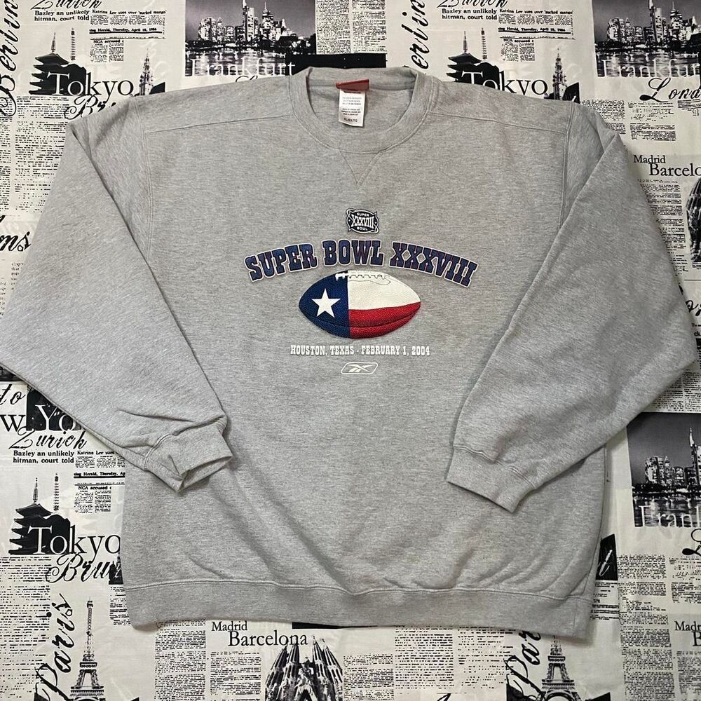 Reebok Superbowl XXXVIII 2004 TX Men's heather grey y2k sweatshirt football XL